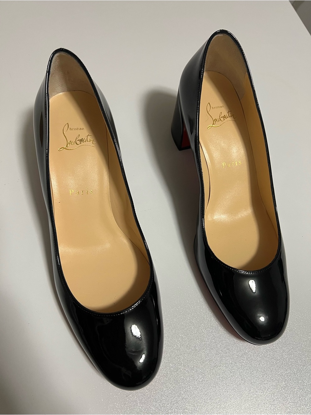 Christian Louboutin Black Patent Leather Round Toe Block Heel Pumps
